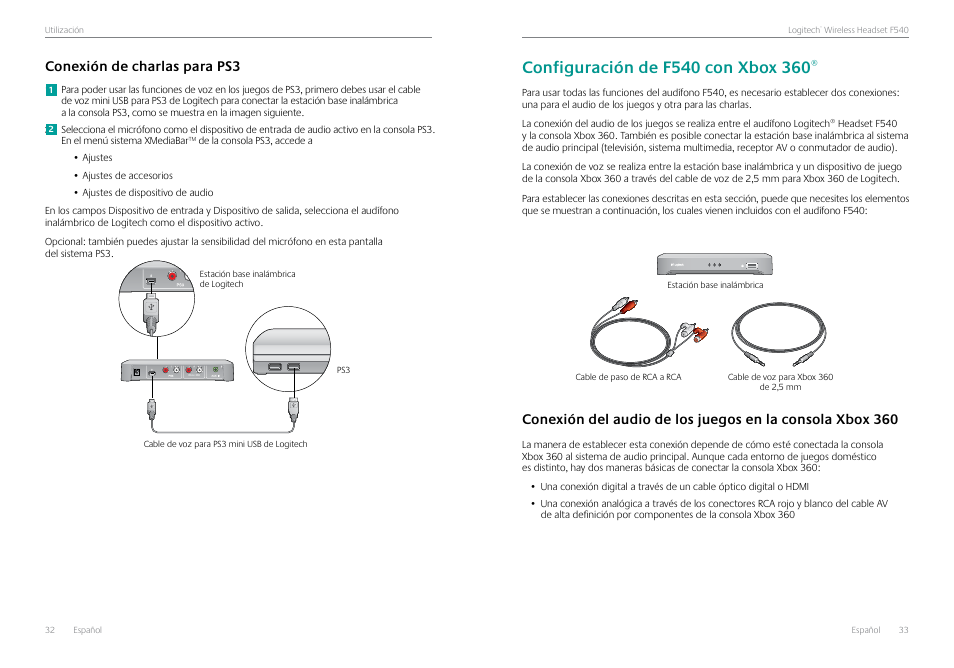 Conexión de charlas para ps3, Configuración de f540 con xbox 360, Conexión de charlas para ps3 32 | Logitech Logtech Wirelss Headset F540 User Manual | Page 17 / 47