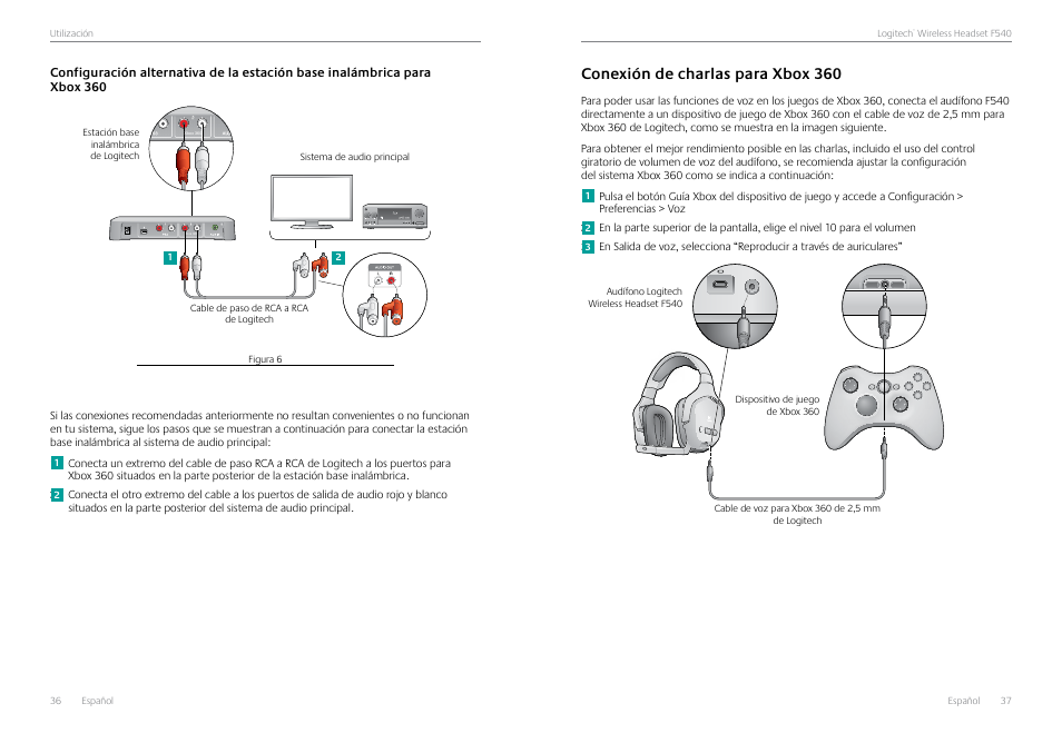 Conexión de charlas para xbox 360, Conexión de charlas para xbox 360 37 | Logitech Logtech Wirelss Headset F540 User Manual | Page 19 / 47