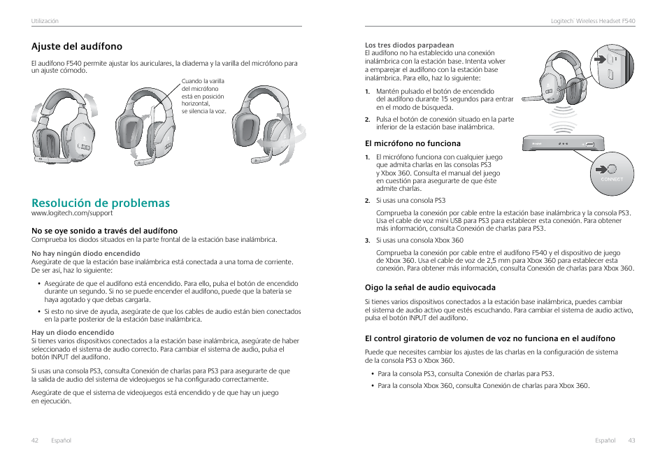 Resolución de problemas, No se oye sonido a través del audífono, Ajuste del audífono | Ajuste del audífono 42 | Logitech Logtech Wirelss Headset F540 User Manual | Page 22 / 47