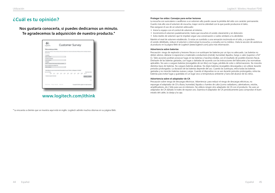 Cuál es tu opinión, Cuál es tu opinión? 44 | Logitech Logtech Wirelss Headset F540 User Manual | Page 23 / 47