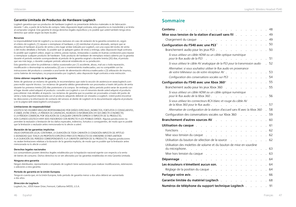 Sommaire | Logitech Logtech Wirelss Headset F540 User Manual | Page 24 / 47