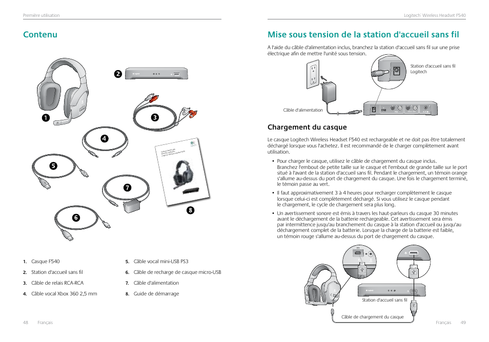 Contenu, Mise sous tension de la station d'accueil sans fil, Chargement du casque | Chargement du casque 49 | Logitech Logtech Wirelss Headset F540 User Manual | Page 25 / 47