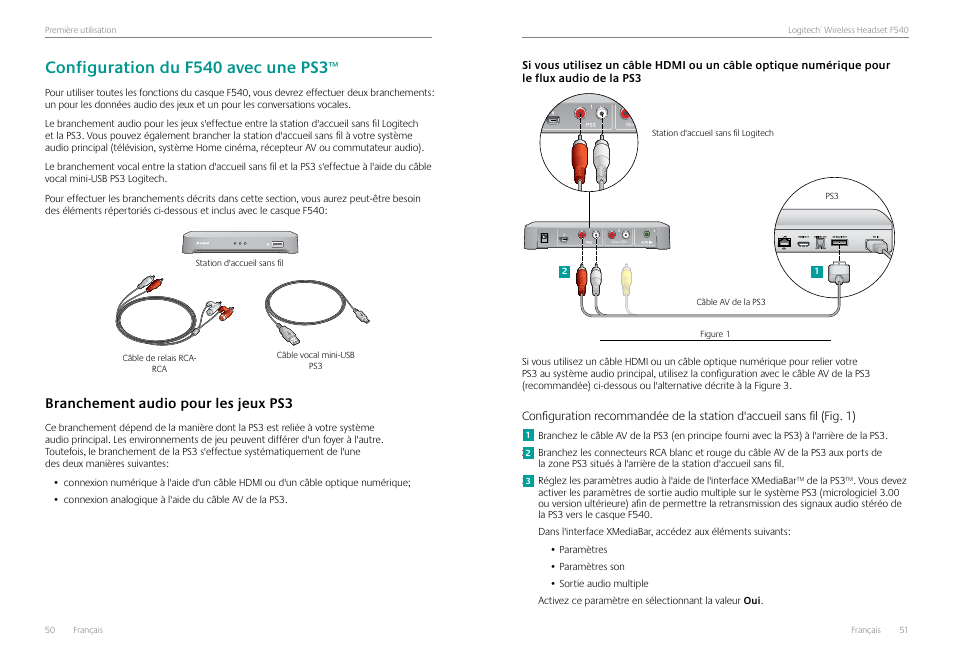 Configuration du f540 avec une ps3, Branchement audio pour les jeux ps3, Branchement audio pour les jeux ps3 50 | Logitech Logtech Wirelss Headset F540 User Manual | Page 26 / 47