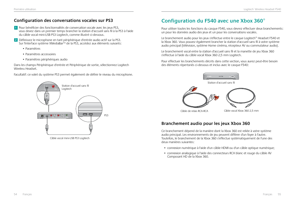 Configuration des conversations vocales sur ps3, Configuration du f540 avec une xbox 360, Branchement audio pour les jeux xbox 360 | Branchement audio pour les jeux xbox 360 55 | Logitech Logtech Wirelss Headset F540 User Manual | Page 28 / 47