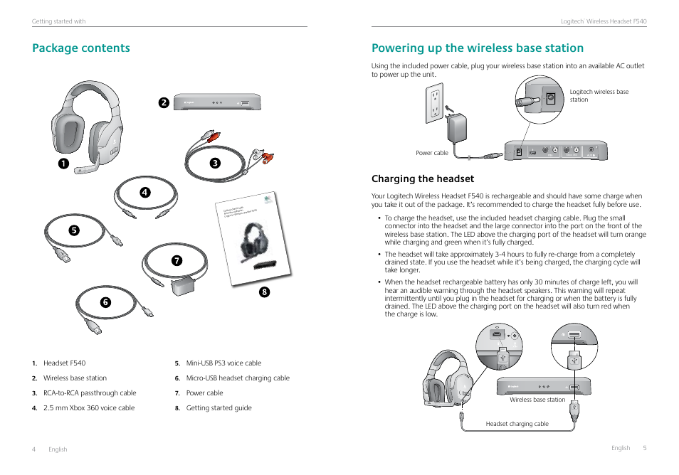 Package contents, Powering up the wireless base station, Charging the headset | Charging the headset 5 | Logitech Logtech Wirelss Headset F540 User Manual | Page 3 / 47