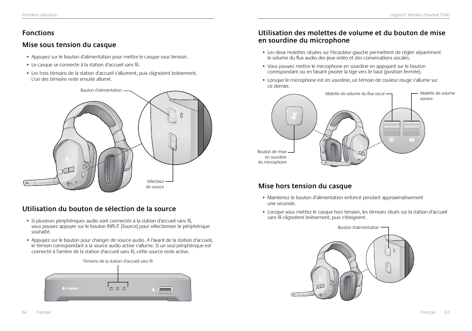 Fonctions, Mise sous tension du casque, Utilisation du bouton de sélection de la source | Mise hors tension du casque, Fonctions mise sous tension du casque | Logitech Logtech Wirelss Headset F540 User Manual | Page 32 / 47