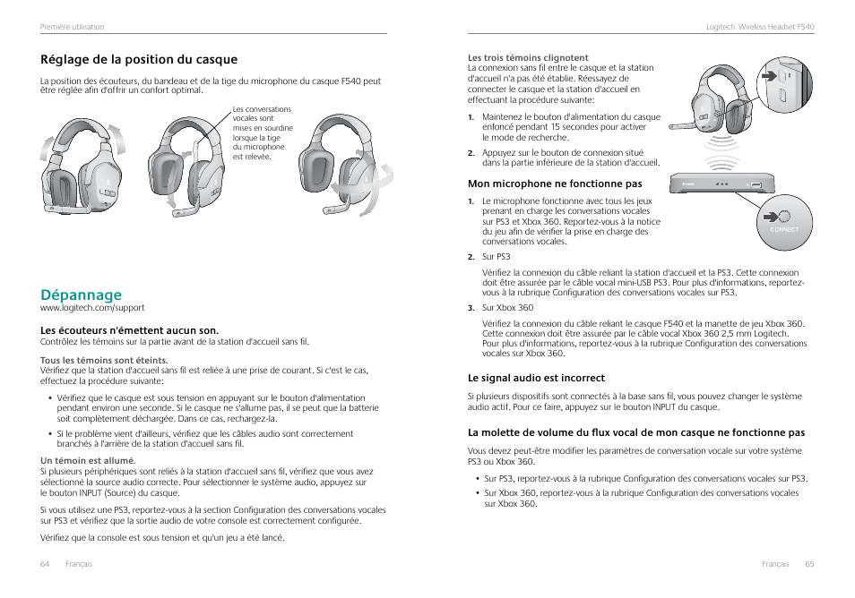 Dépannage, Les écouteurs n'émettent aucun son, Réglage de la position du casque | Dépannage 64 les écouteurs n'émettent aucun son 64, Réglage de la position du casque 64 | Logitech Logtech Wirelss Headset F540 User Manual | Page 33 / 47