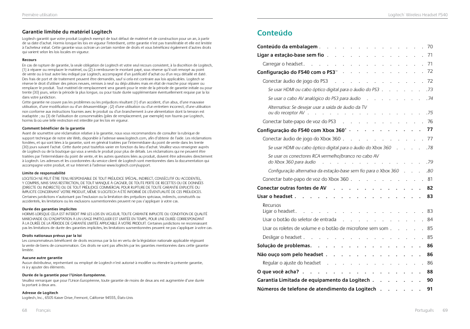 Garantie limitée du matériel logitech, Garantie limitée du matériel logitech 68, Conteúdo | Logitech Logtech Wirelss Headset F540 User Manual | Page 35 / 47