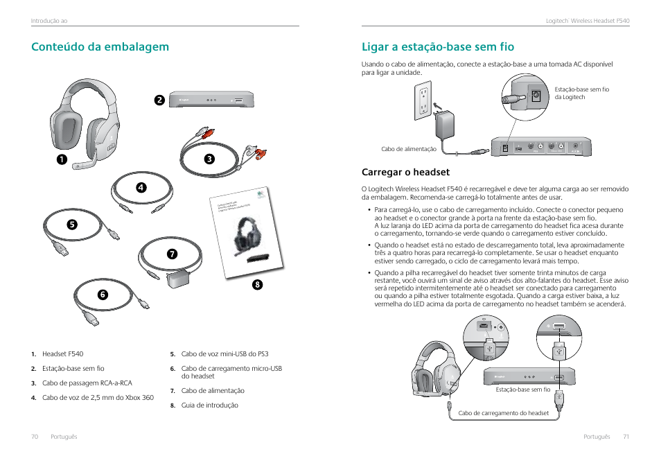 Conteúdo da embalagem, Ligar a estação-base sem fio, Carregar o headset | Carregar o headset 71 | Logitech Logtech Wirelss Headset F540 User Manual | Page 36 / 47