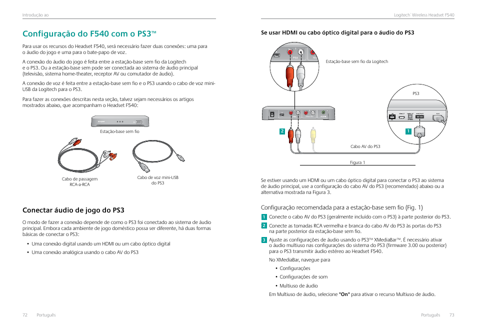 Configuração do f540 com o ps3, Conectar áudio de jogo do ps3, Conectar áudio de jogo do ps3 72 | Logitech Logtech Wirelss Headset F540 User Manual | Page 37 / 47