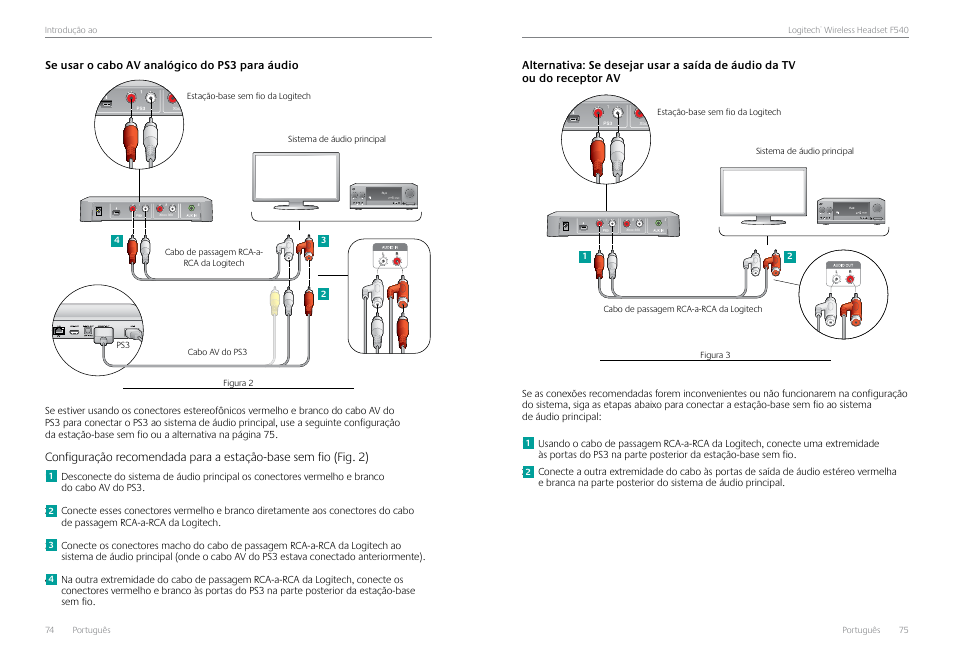 Se usar o cabo av analógico do ps3 para áudio, Se usar o cabo av analógico do ps3 para áudio 74 | Logitech Logtech Wirelss Headset F540 User Manual | Page 38 / 47