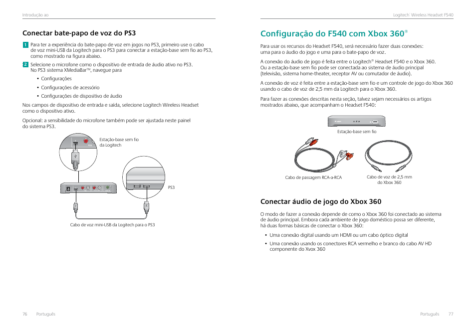 Conectar bate-papo de voz do ps3, Configuração do f540 com xbox 360, Conectar áudio de jogo do xbox 360 | Conectar bate-papo de voz do ps3 76, Conectar áudio de jogo do xbox 360 77 | Logitech Logtech Wirelss Headset F540 User Manual | Page 39 / 47