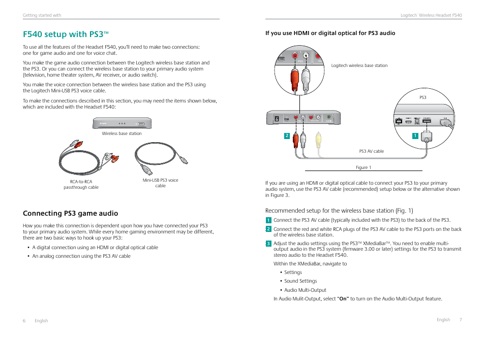 F540 setup with ps3, Connecting ps3 game audio, If you use hdmi or digital optical for ps3 audio | Connecting ps3 game audio 6 | Logitech Logtech Wirelss Headset F540 User Manual | Page 4 / 47