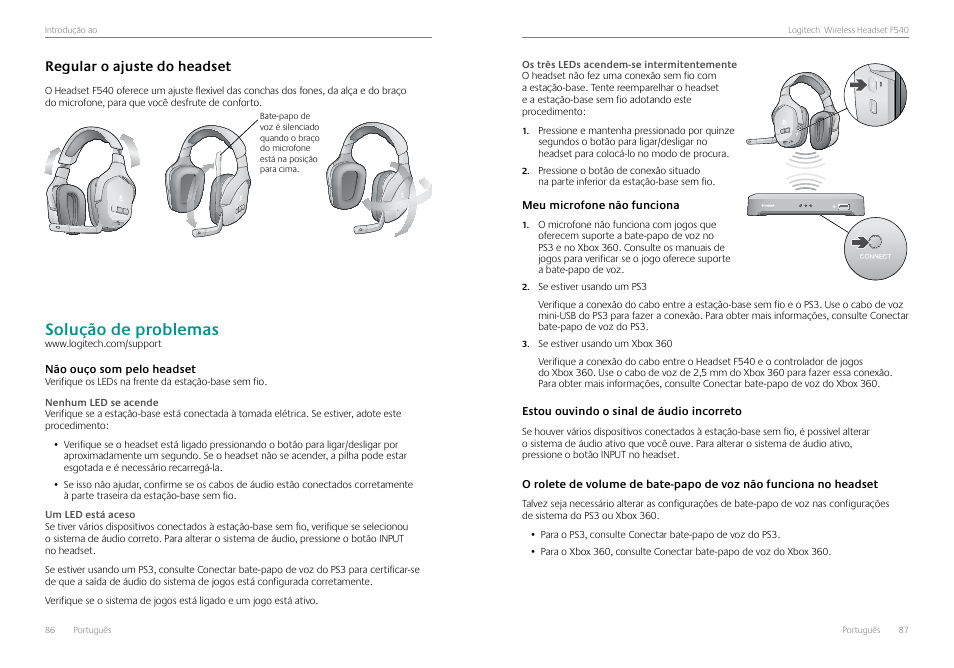 Solução de problemas, Não ouço som pelo headset, Regular o ajuste do headset | Regular o ajuste do headset 86 | Logitech Logtech Wirelss Headset F540 User Manual | Page 44 / 47