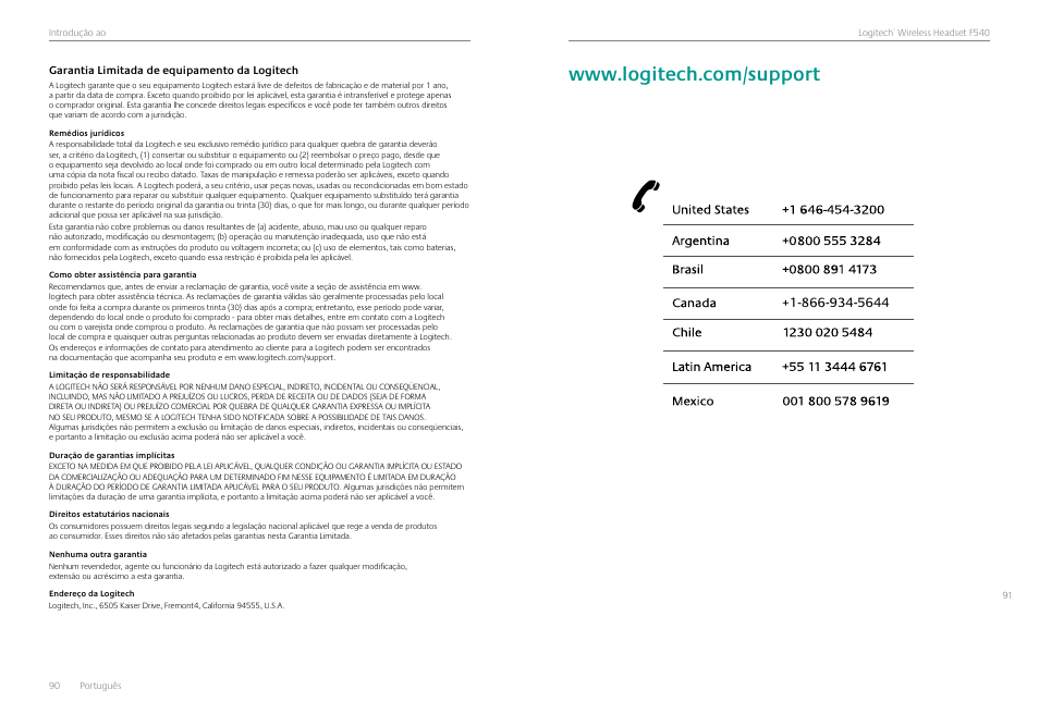 Garantia limitada de equipamento da logitech, Números de telefone de atendimento da logitech, Logitech support telephone numbers 91 | Números de teléfono de asistencia de logitech 91 | Logitech Logtech Wirelss Headset F540 User Manual | Page 46 / 47