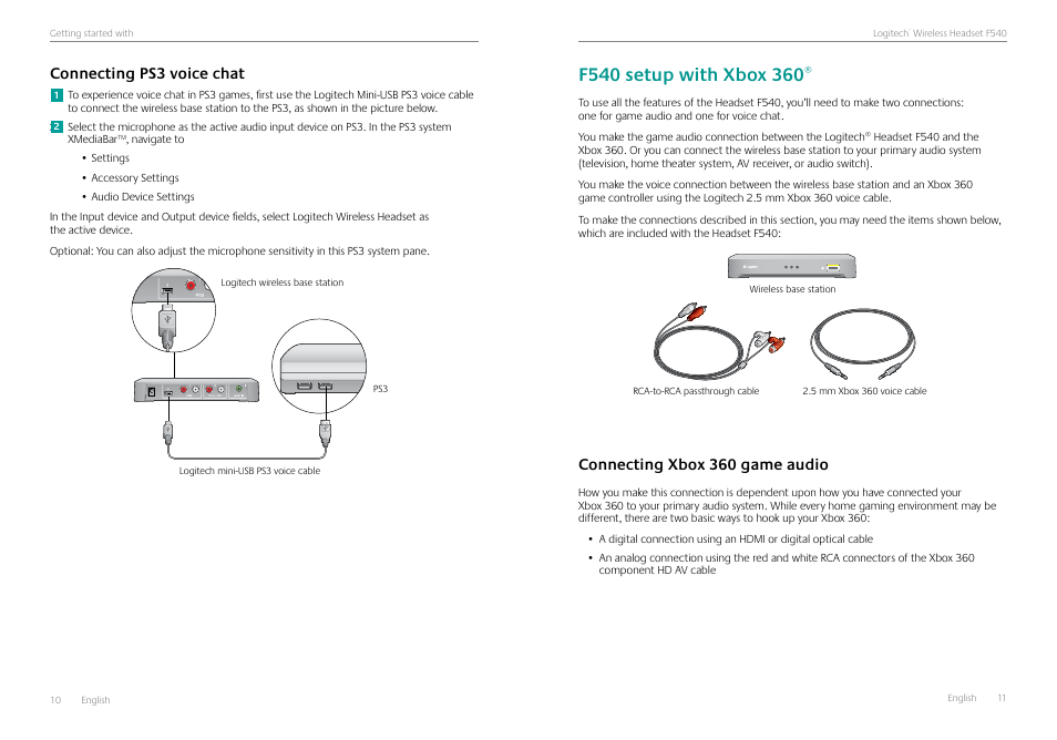 Connecting ps3 voice chat, F540 setup with xbox 360, Connecting xbox 360 game audio | Connecting ps3 voice chat 10, Connecting xbox 360 game audio 11 | Logitech Logtech Wirelss Headset F540 User Manual | Page 6 / 47