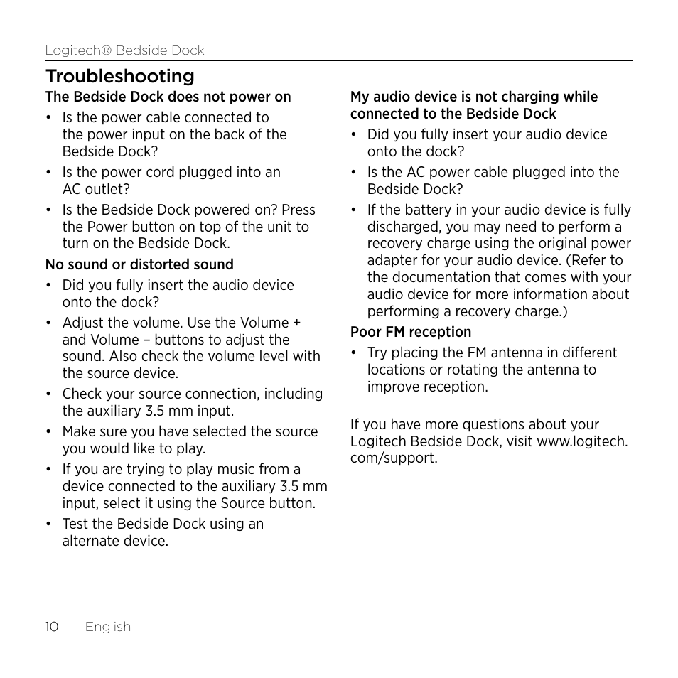Troubleshooting | Logitech Bedside Dock S-A0001 User Manual | Page 10 / 28