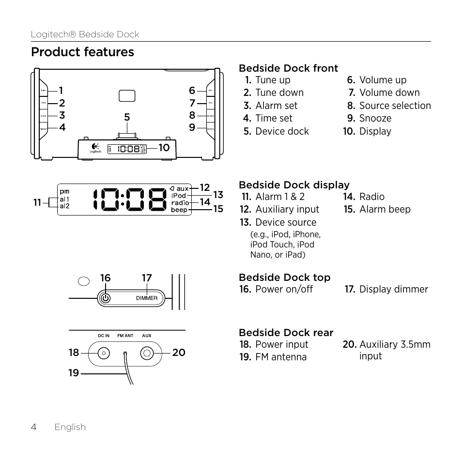 Product features | Logitech Bedside Dock S-A0001 User Manual | Page 4 / 28