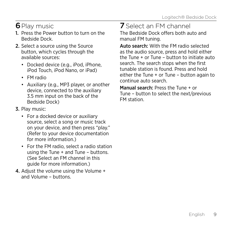Play music, Select an fm channel | Logitech Bedside Dock S-A0001 User Manual | Page 9 / 28