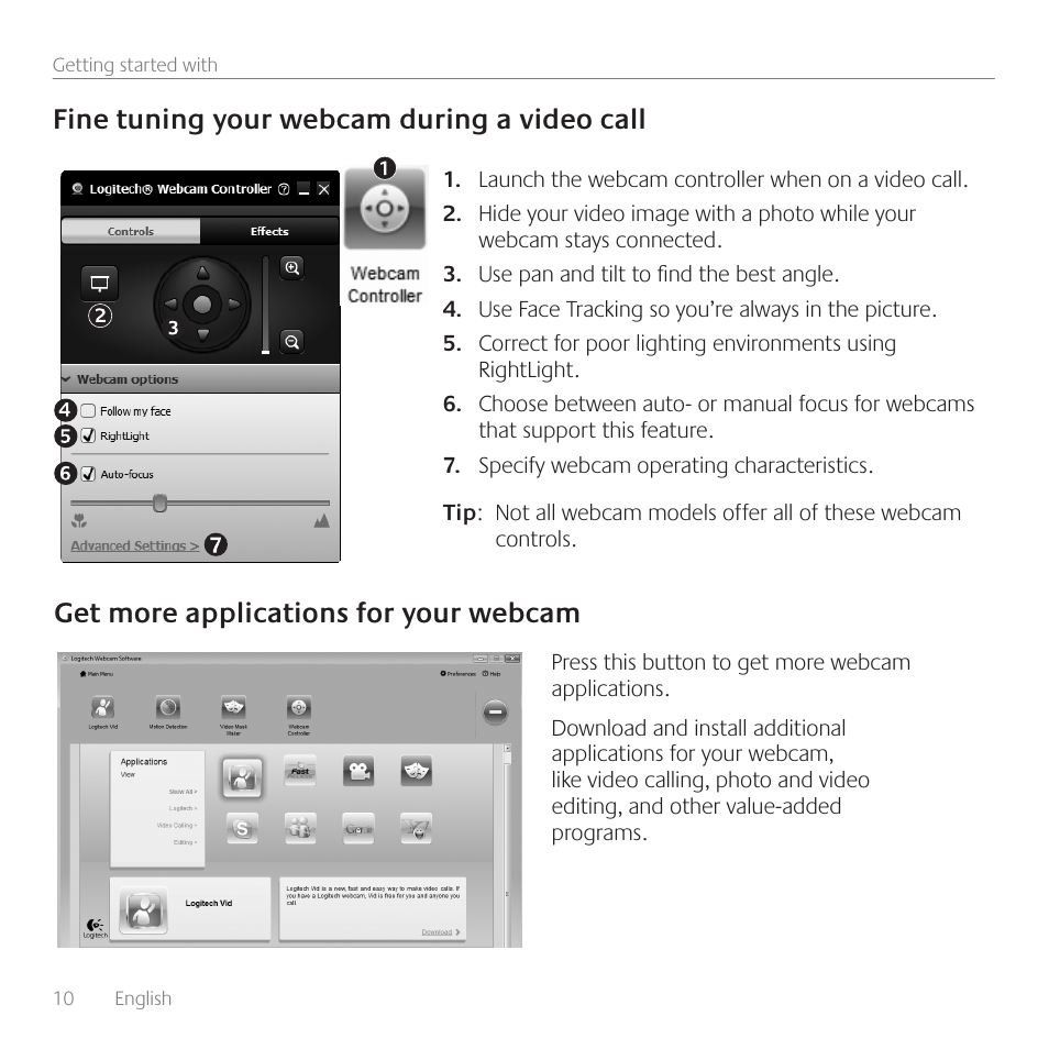 Fine tuning your webcam during a video call, Get more applications for your webcam | Logitech WEBCAM C260 User Manual | Page 10 / 12