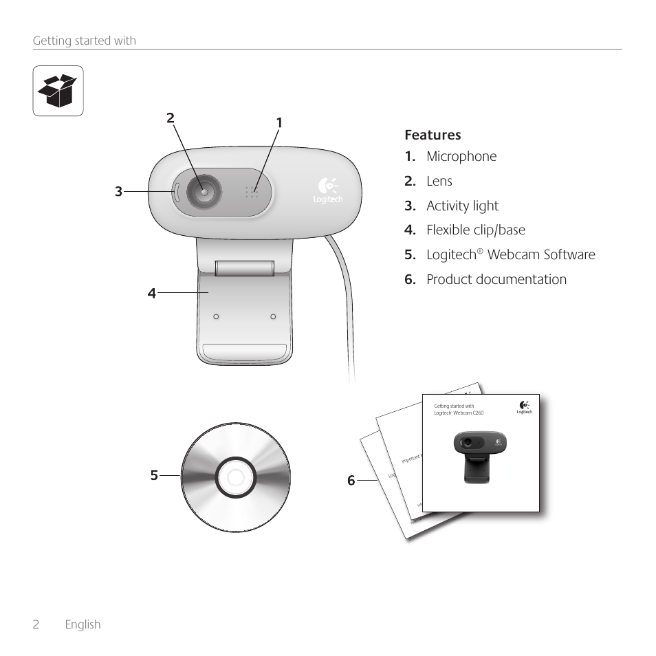 2 english, Getting started with | Logitech WEBCAM C260 User Manual | Page 2 / 12