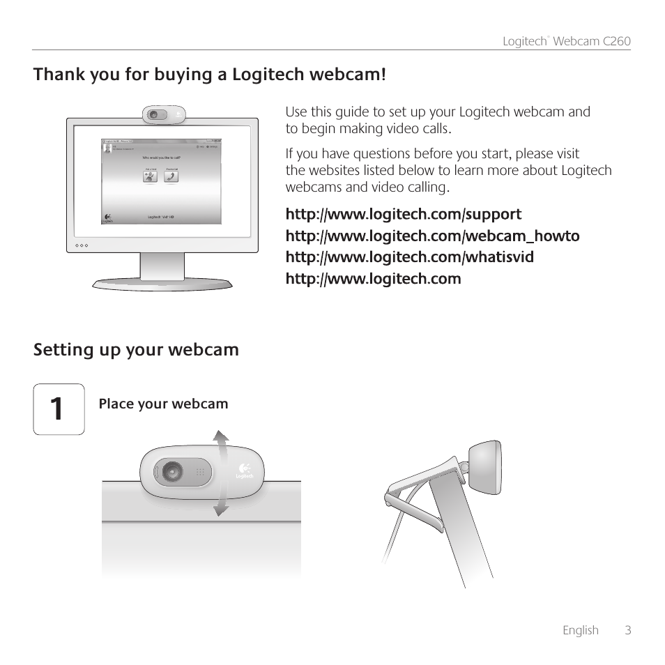 Setting up your webcam | Logitech WEBCAM C260 User Manual | Page 3 / 12