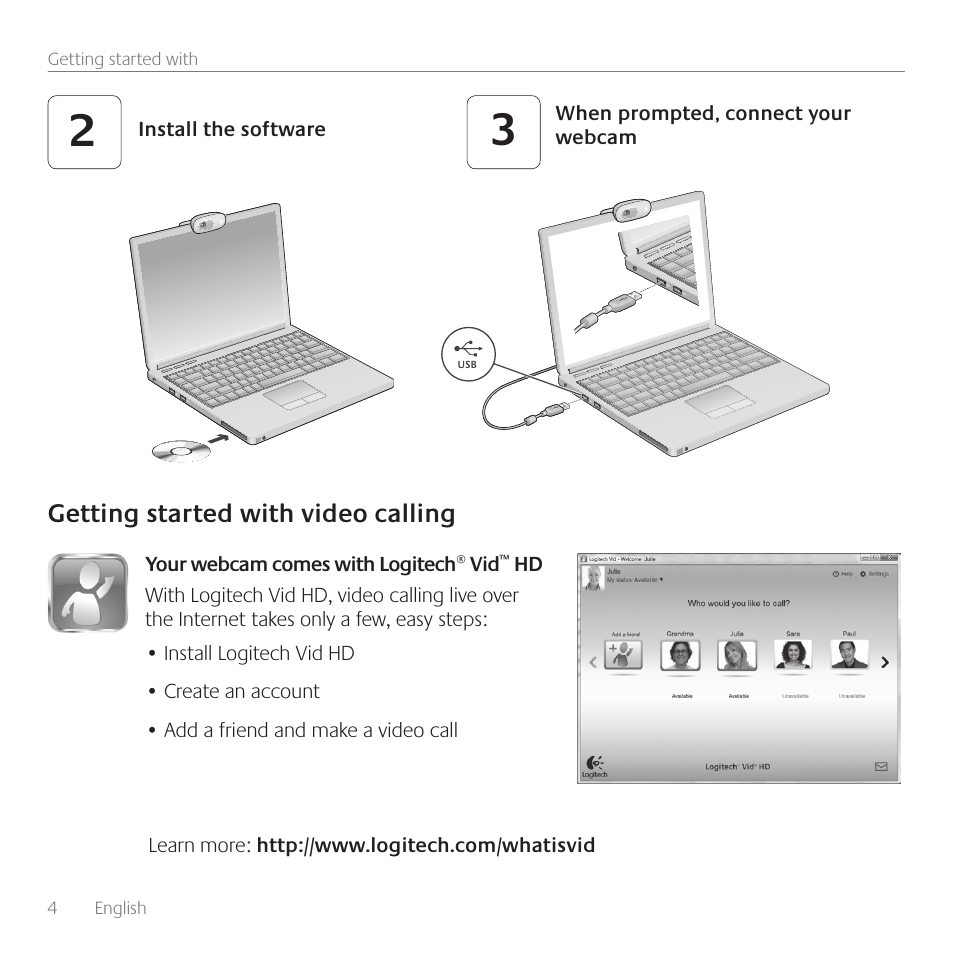 Getting started with video calling | Logitech WEBCAM C260 User Manual | Page 4 / 12