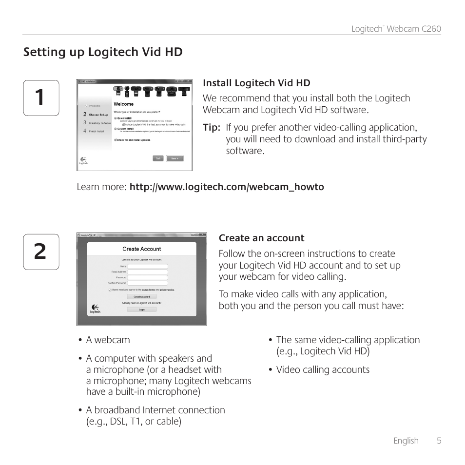 Setting up logitech vid hd | Logitech WEBCAM C260 User Manual | Page 5 / 12