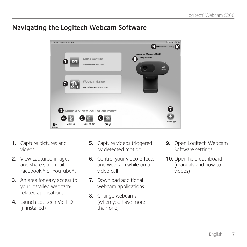 Navigating the logitech webcam software | Logitech WEBCAM C260 User Manual | Page 7 / 12