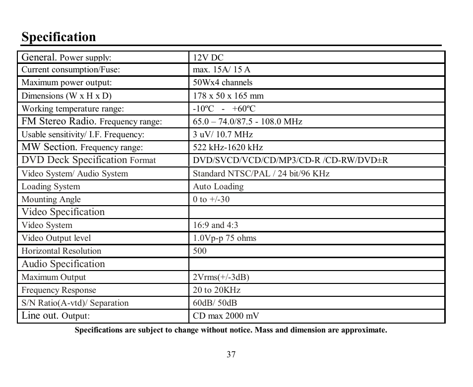 Specification | Hyundai H-CMD7071 User Manual | Page 37 / 75