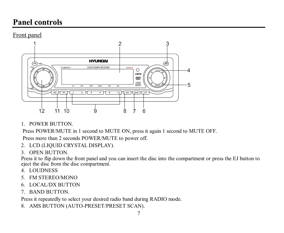Panel controls | Hyundai H-CMD7071 User Manual | Page 7 / 75