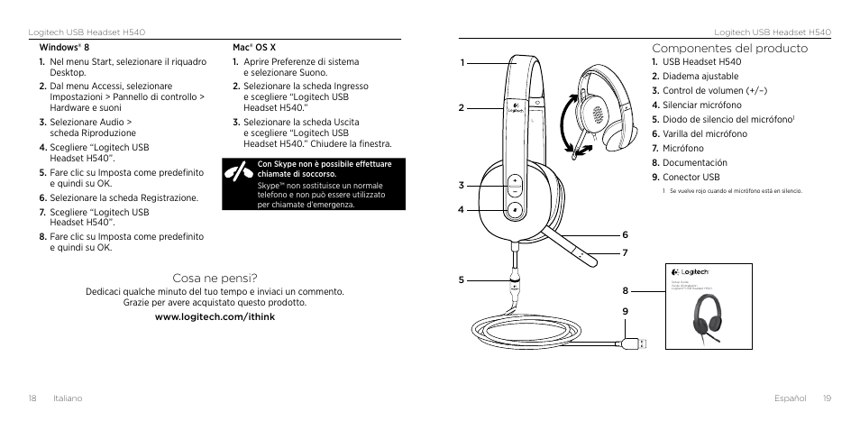 Cosa ne pensi, Componentes del producto | Logitech H540 User Manual | Page 10 / 59