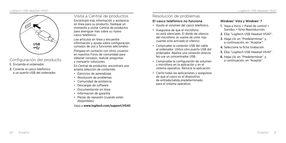 Resolución de problemas, Configuración del producto, Visita a central de productos | Logitech H540 User Manual | Page 11 / 59