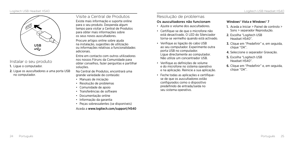 Resolução de problemas, Instalar o seu produto, Visite a central de produtos | Logitech H540 User Manual | Page 13 / 59