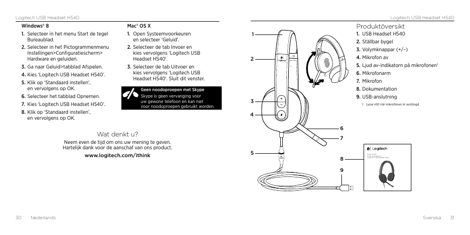 Wat denkt u, Produktöversikt | Logitech H540 User Manual | Page 16 / 59