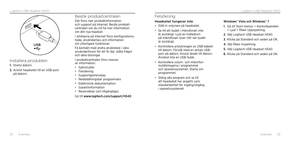 Felsökning, Installera produkten, Besök produktcentralen | Logitech H540 User Manual | Page 17 / 59