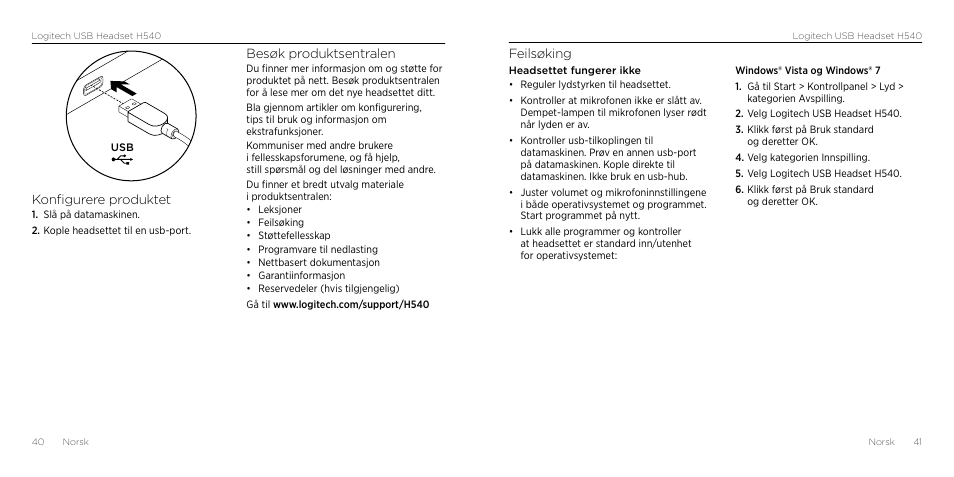 Feilsøking, Konfigurere produktet, Besøk produktsentralen | Logitech H540 User Manual | Page 21 / 59