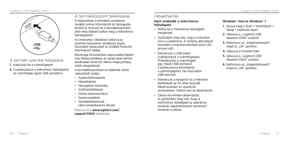 Hibaelhárítás, A termék üzembe helyezése, A termékközpont felkeresése | Logitech H540 User Manual | Page 29 / 59