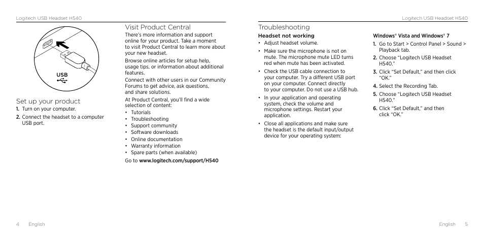 Troubleshooting, Set up your product, Visit product central | Logitech H540 User Manual | Page 3 / 59