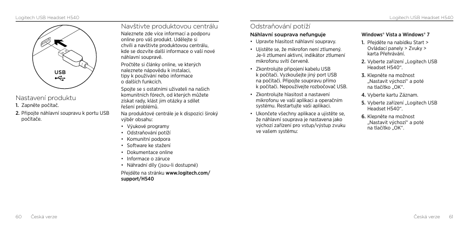 Odstraňování potíží, Nastavení produktu, Navštivte produktovou centrálu | Logitech H540 User Manual | Page 31 / 59