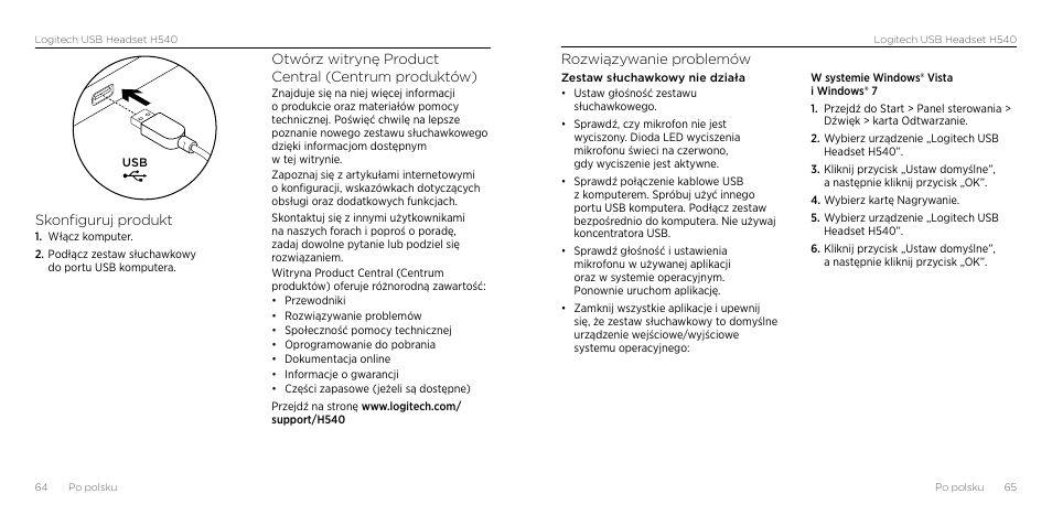 Rozwiązywanie problemów, Skonfiguruj produkt, Otwórz witrynę product central (centrum produktów) | Logitech H540 User Manual | Page 33 / 59
