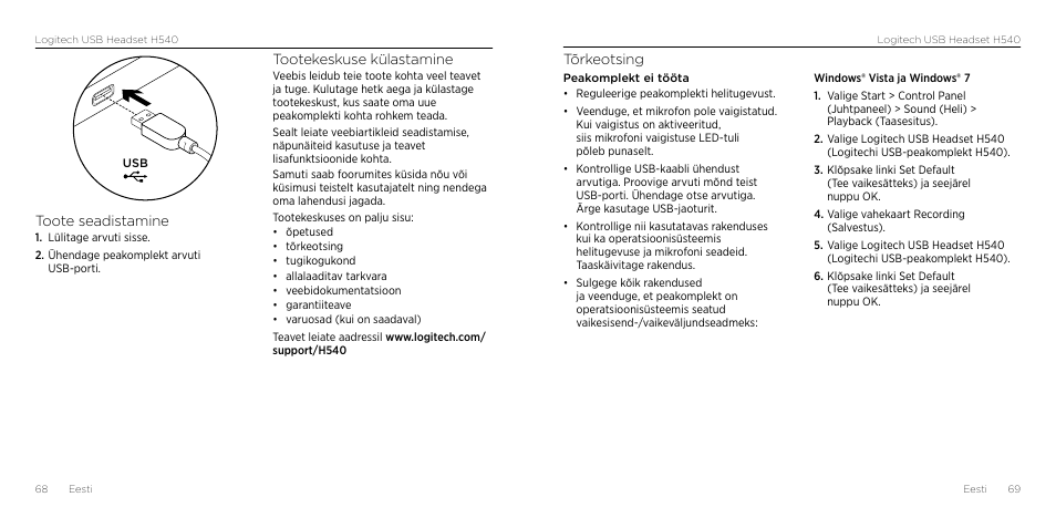 Tõrkeotsing, Toote seadistamine, Tootekeskuse külastamine | Logitech H540 User Manual | Page 35 / 59