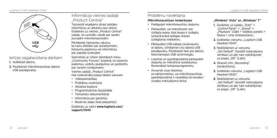 Problēmu novēršana, Ierīces sagatavošana darbam, Informācija vietnes sadaļā „product central | Logitech H540 User Manual | Page 37 / 59