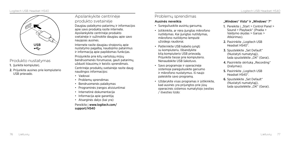 Problemų sprendimas, Produkto nustatymas, Apsilankykite centrinėje produkto svetainėje | Logitech H540 User Manual | Page 39 / 59