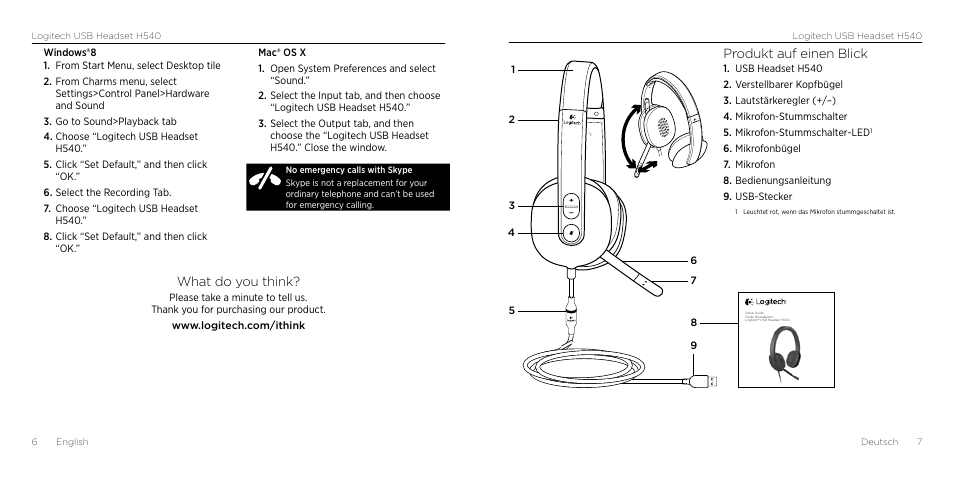 What do you think, Produkt auf einen blick | Logitech H540 User Manual | Page 4 / 59
