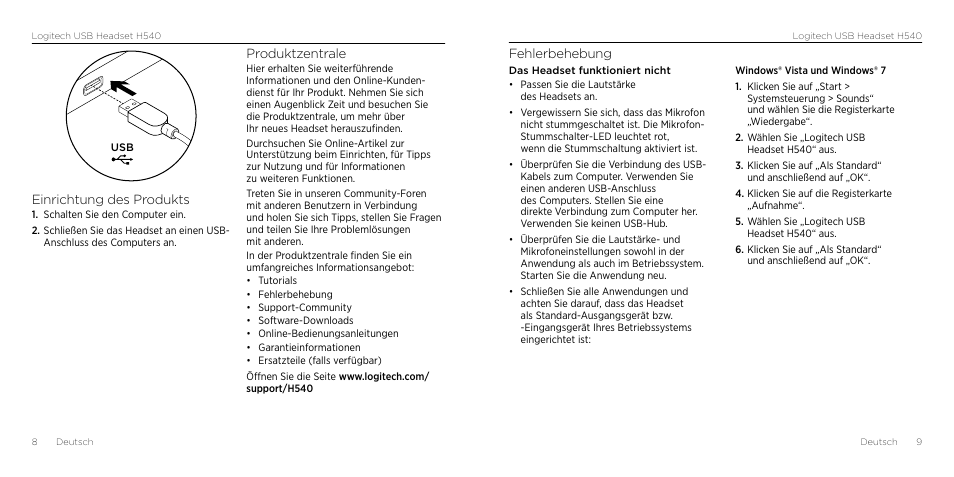 Fehlerbehebung, Einrichtung des produkts, Produktzentrale | Logitech H540 User Manual | Page 5 / 59