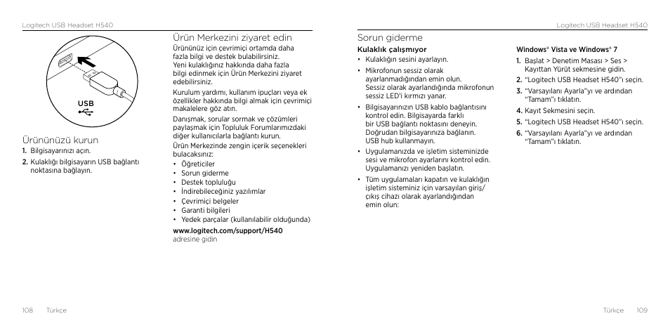 Sorun giderme, Ürününüzü kurun, Ürün merkezini ziyaret edin | Logitech H540 User Manual | Page 55 / 59