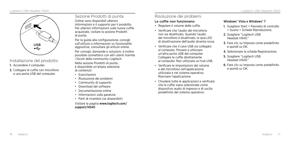 Risoluzione dei problemi, Installazione del prodotto, Sezione prodotti di punta | Logitech H540 User Manual | Page 9 / 59