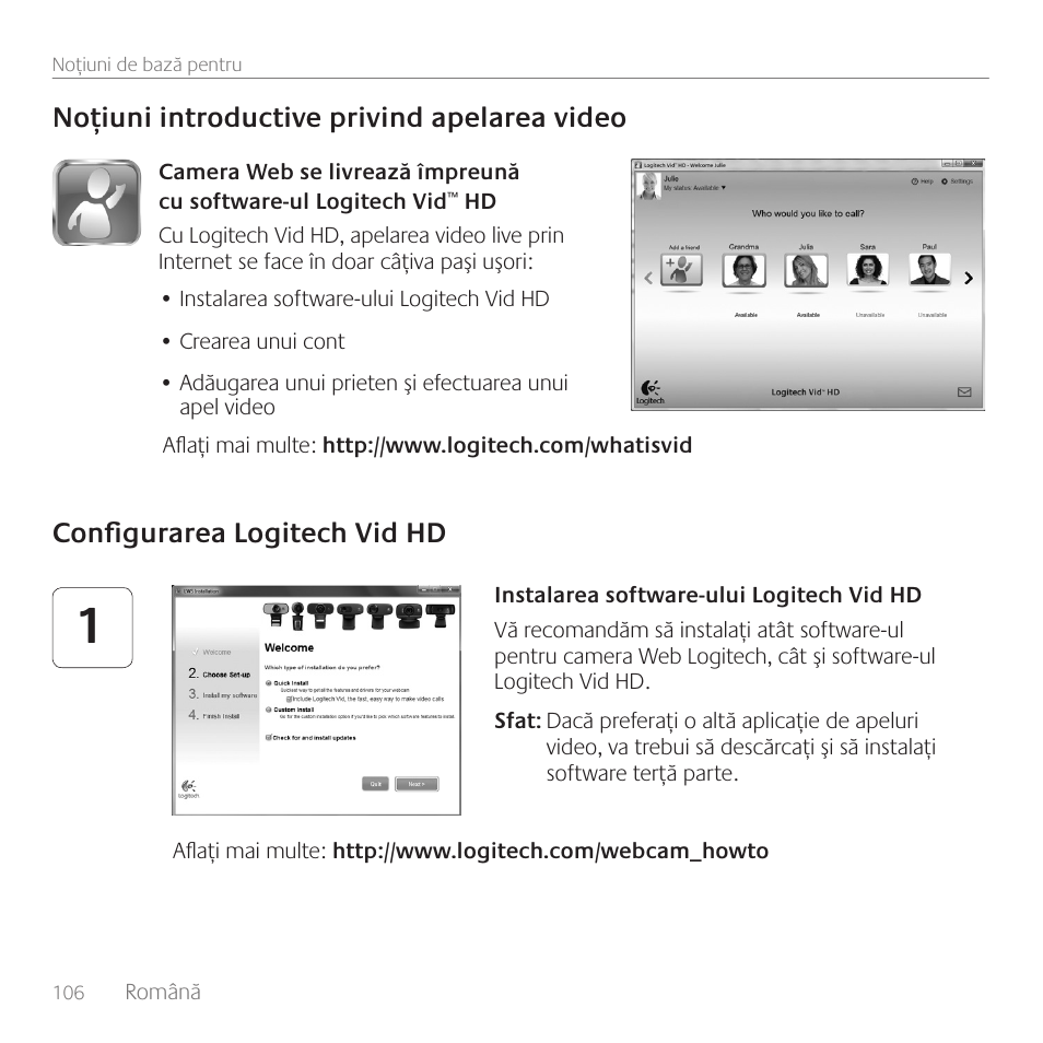 Noţiuni introductive privind apelarea video, Configurarea logitech vid hd | Logitech C170 User Manual | Page 106 / 204