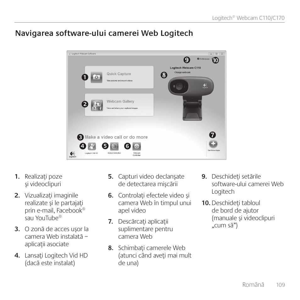 Navigarea software-ului camerei web logitech | Logitech C170 User Manual | Page 109 / 204